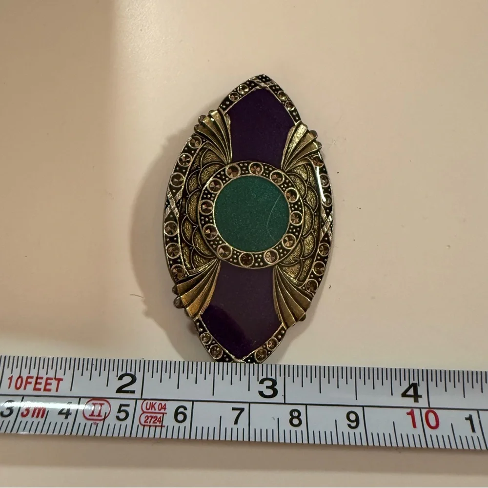 Catherine Popesco France Art deco brass purple green enameled Brooch